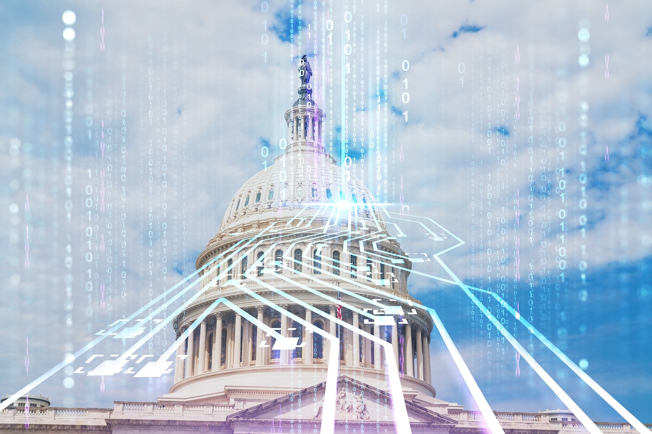 Capitol dome building exterior, Washington DC, USA. Home of Congress, Capitol Hill. American political system. Artificial Intelligence concept, hologram. AI, machine learning, neural network, robotics