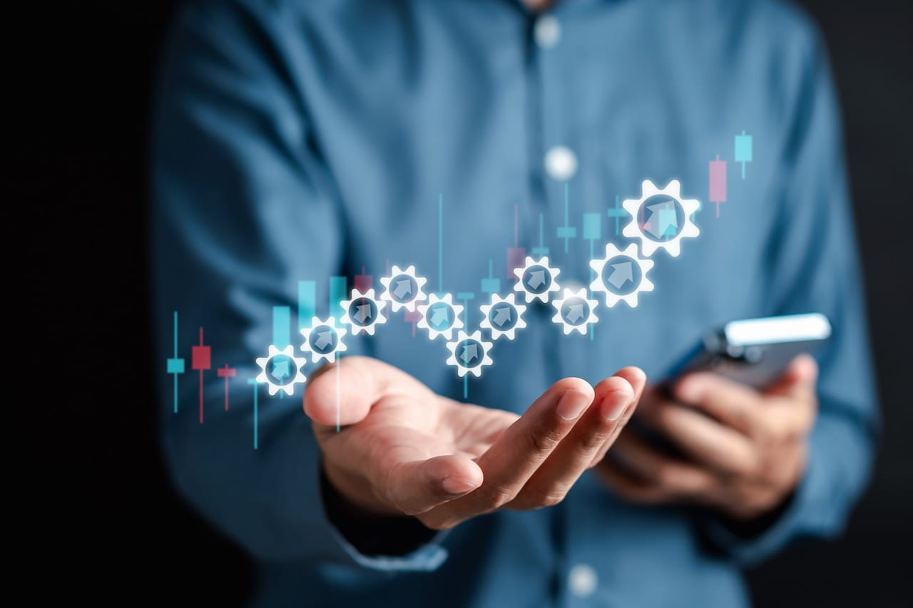 workflow automation concept, gear in man's hands in graphic art rendering